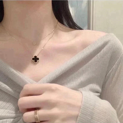 [AuraEcho Jewelry]CLOVER 15MM BLACK ONYX SINGLE FLOWER NECKLACE