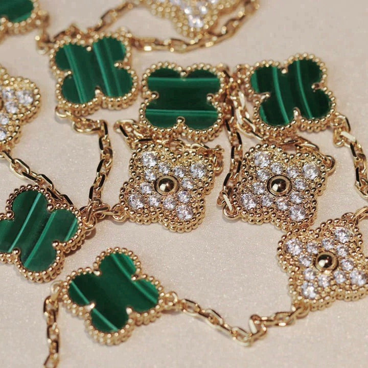 [AuraEcho Jewelry]CLOVER 20 MOTIFS MALACHITE DIAMOND NECKLACE