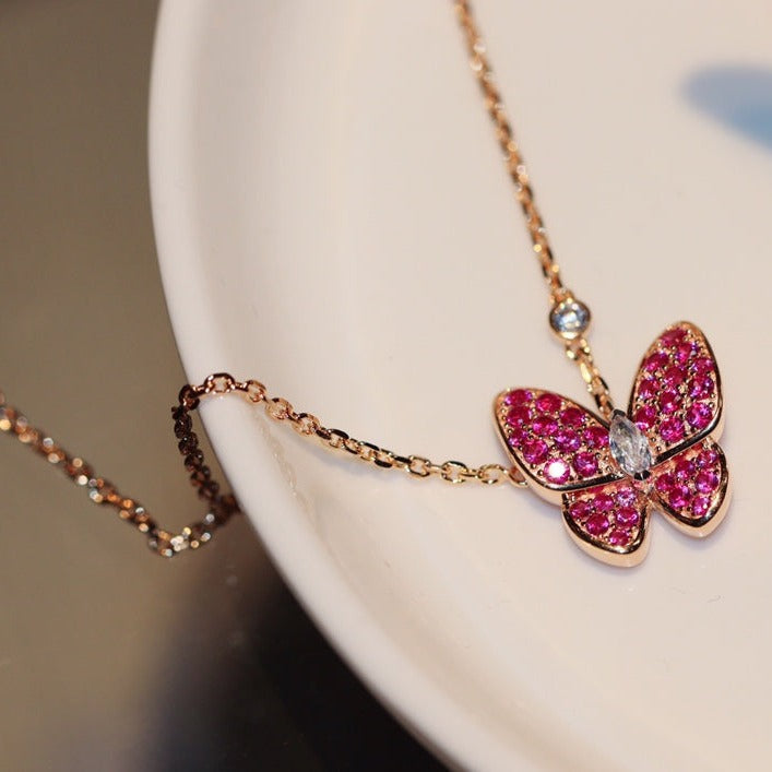 [AuraEcho Jewelry]BUTTERFLY RED DIAMOND ROSE GOLD NECKLACE