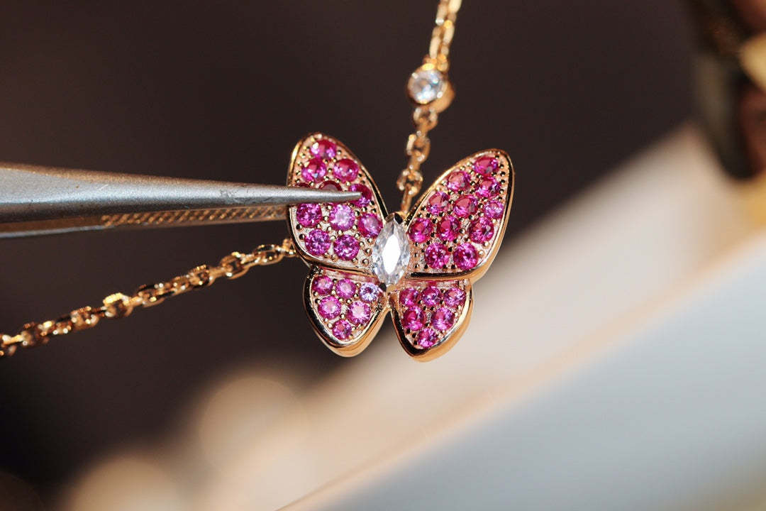 [AuraEcho Jewelry]BUTTERFLY RED DIAMOND ROSE GOLD NECKLACE