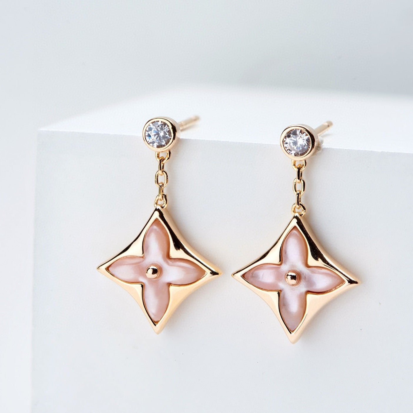 [AuraEcho Jewelry]DOUBLE STAR PINK GOLD MOP DROP EARRINGS
