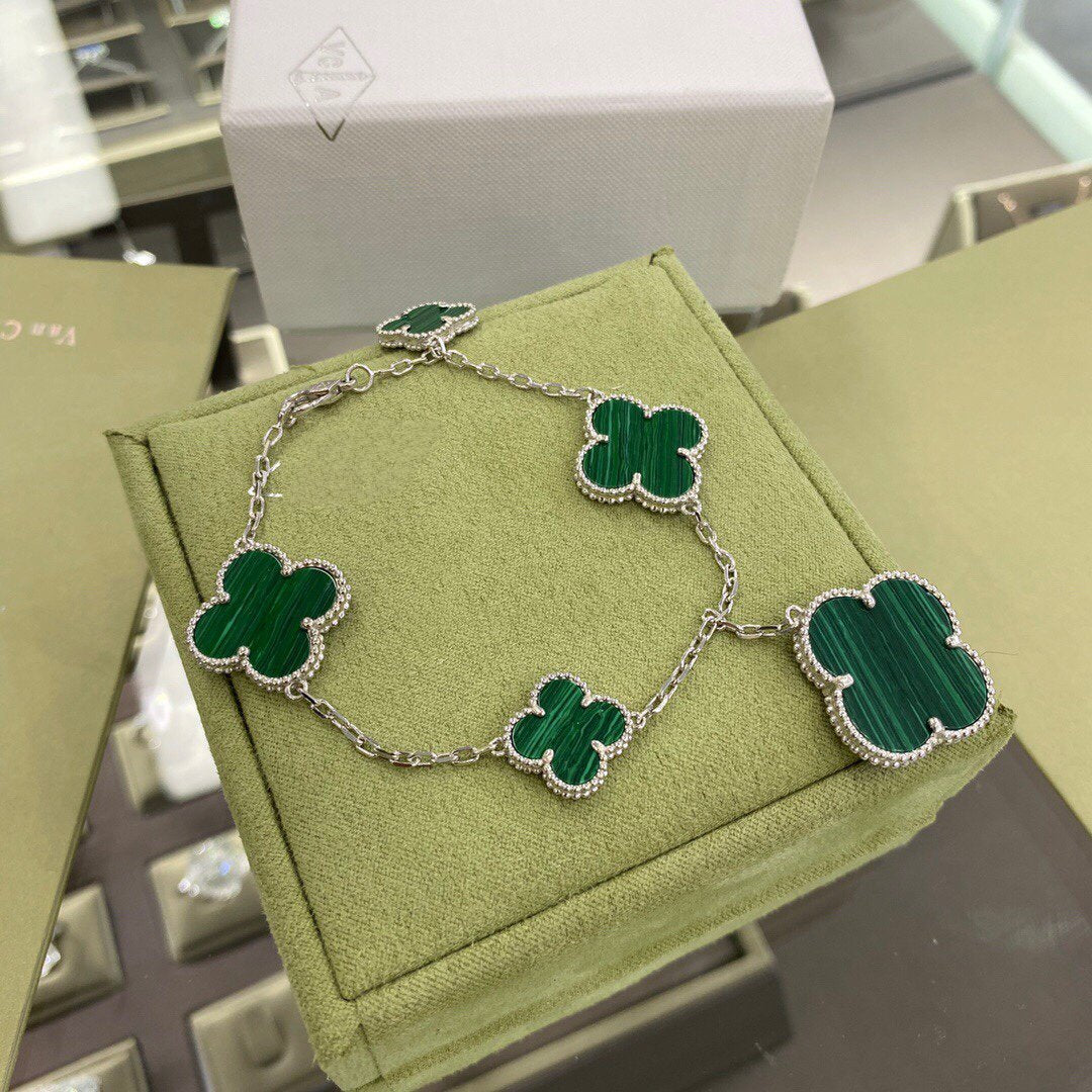 [AuraEcho Jewelry]CLOVER 5 MOTIFS SIVLER MALACHITE BRACELET