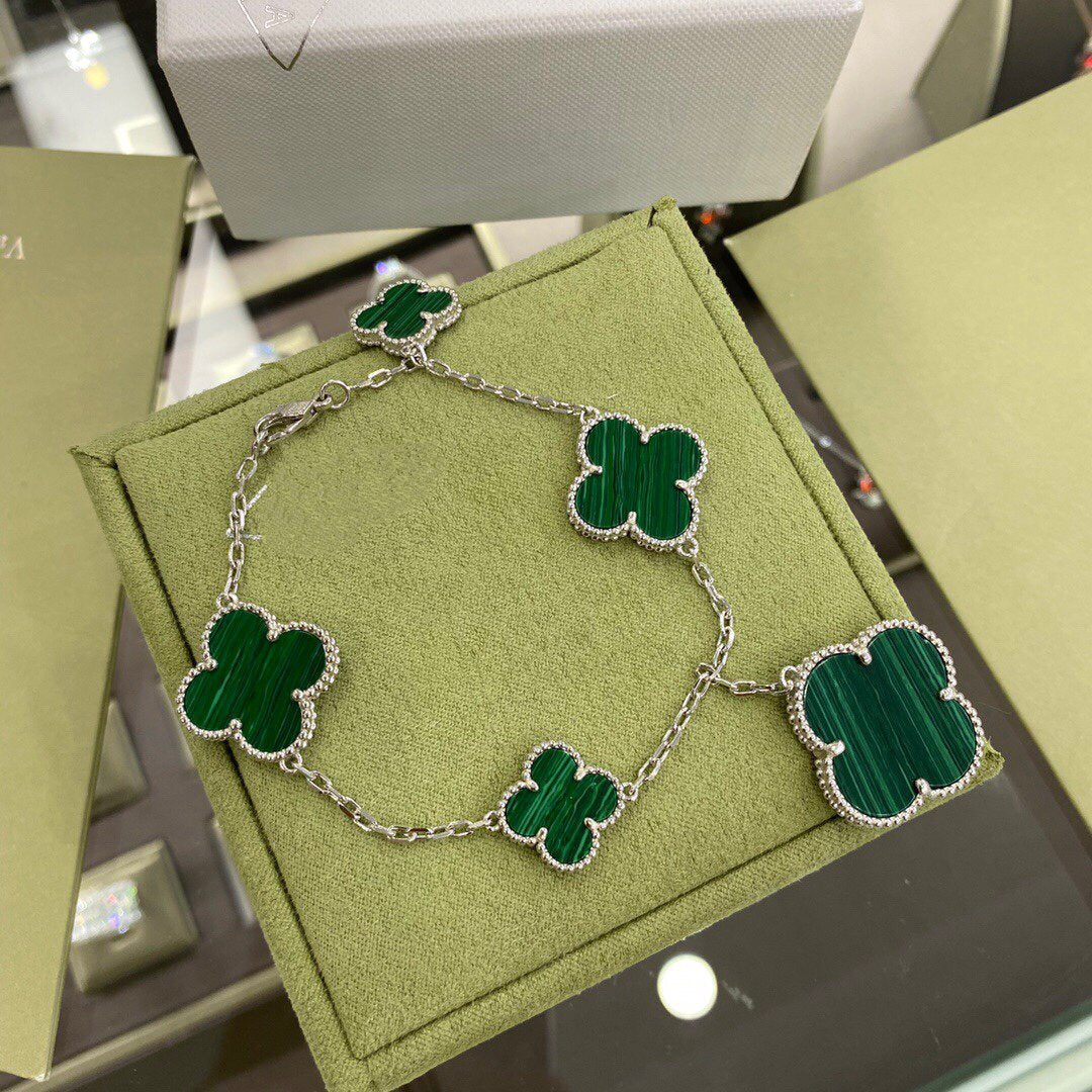 [AuraEcho Jewelry]CLOVER 5 MOTIFS SIVLER MALACHITE BRACELET