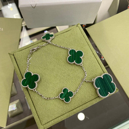[AuraEcho Jewelry]CLOVER 5 MOTIFS SIVLER MALACHITE BRACELET