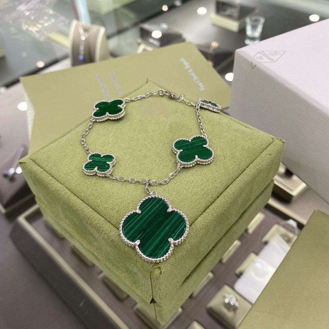 [AuraEcho Jewelry]CLOVER 5 MOTIFS SIVLER MALACHITE BRACELET