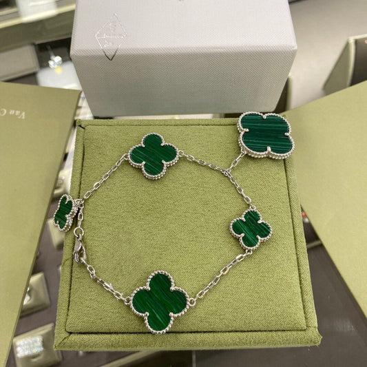 [AuraEcho Jewelry]CLOVER 5 MOTIFS SIVLER MALACHITE BRACELET