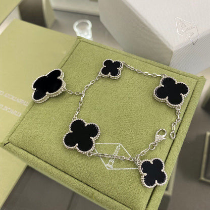 [AuraEcho Jewelry]CLOVER 5 MOTIFS SIVLER ONYX BRACELET