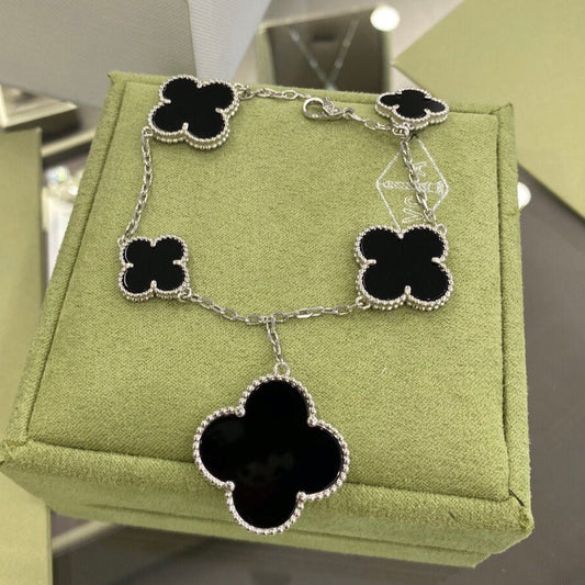 [AuraEcho Jewelry]CLOVER 5 MOTIFS SIVLER ONYX BRACELET