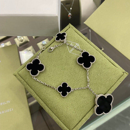 [AuraEcho Jewelry]CLOVER 5 MOTIFS SIVLER ONYX BRACELET