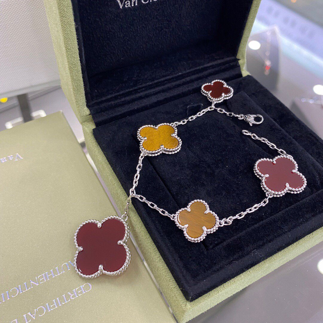 [AuraEcho Jewelry]CLOVER 5 MOTIFS SIVLER CARNELIAN TIGER EYE BRACELET