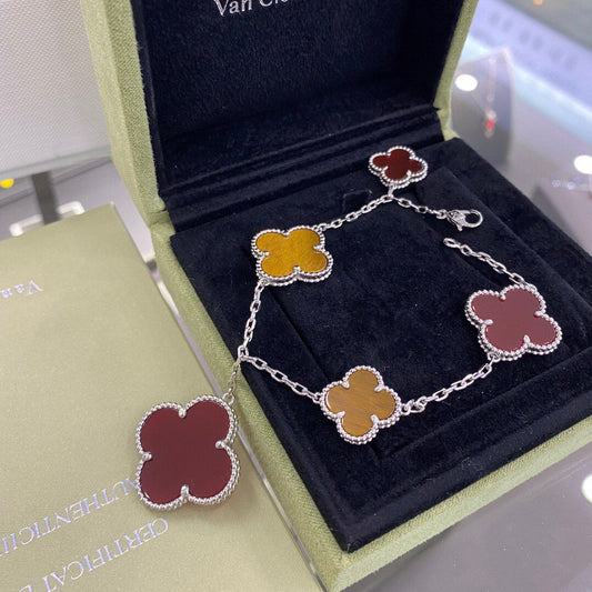 [AuraEcho Jewelry]CLOVER 5 MOTIFS SIVLER CARNELIAN TIGER EYE BRACELET