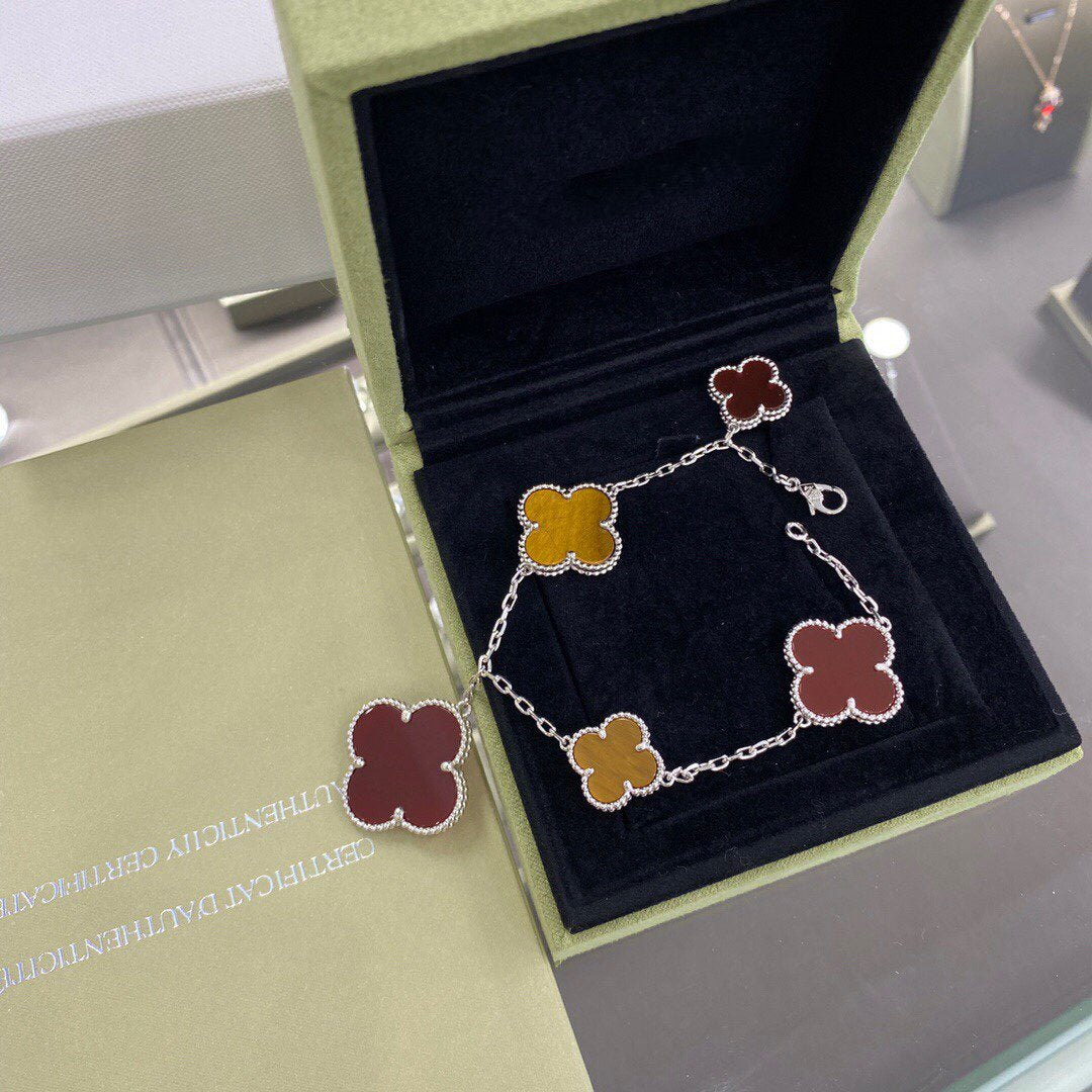[AuraEcho Jewelry]CLOVER 5 MOTIFS SIVLER CARNELIAN TIGER EYE BRACELET