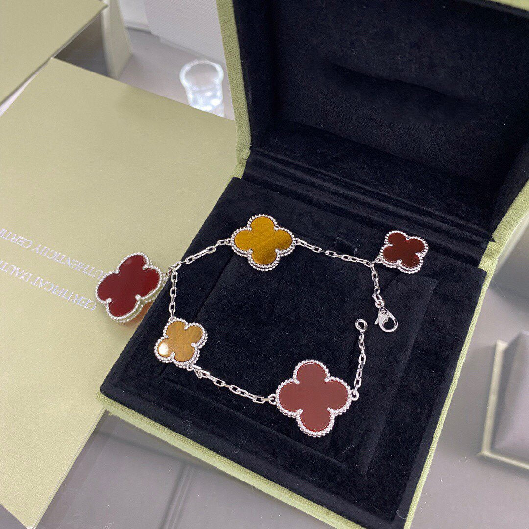 [AuraEcho Jewelry]CLOVER 5 MOTIFS SIVLER CARNELIAN TIGER EYE BRACELET