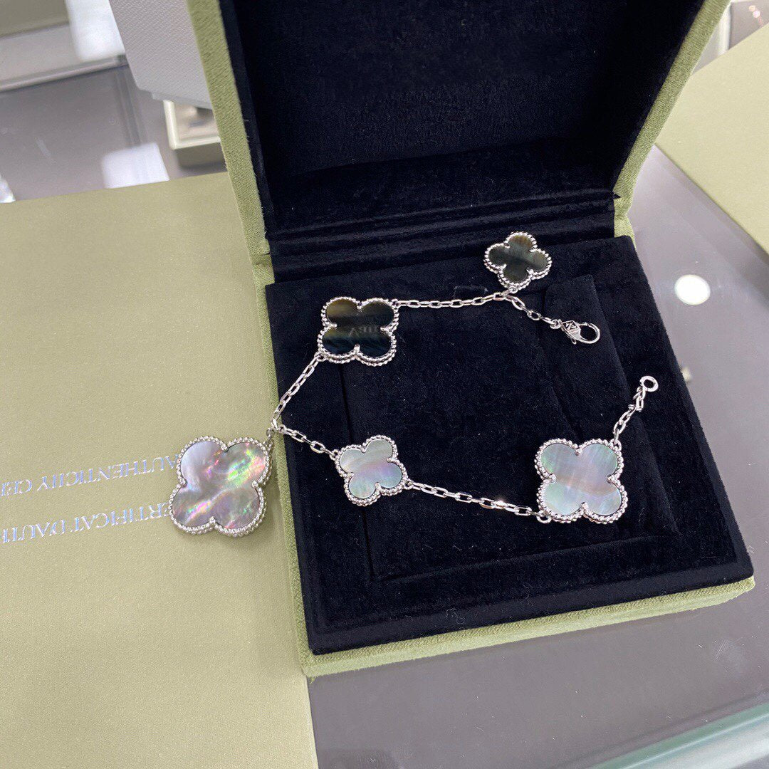 [AuraEcho Jewelry]CLOVER 5 MOTIFS SIVLER DARK MOP BRACELET