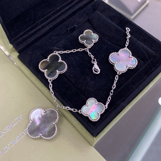 [AuraEcho Jewelry]CLOVER 5 MOTIFS SIVLER DARK MOP BRACELET