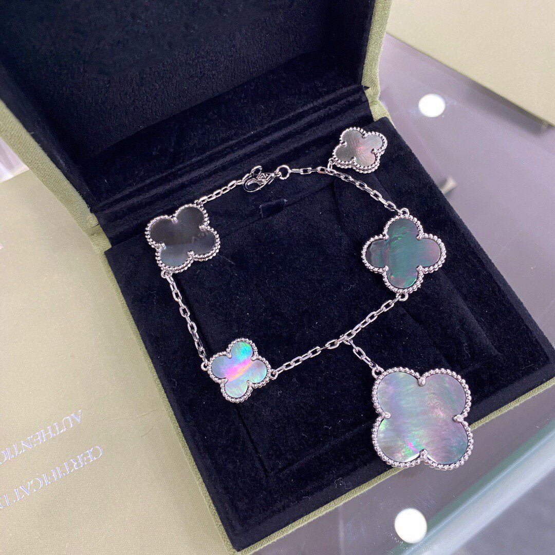 [AuraEcho Jewelry]CLOVER 5 MOTIFS SIVLER DARK MOP BRACELET