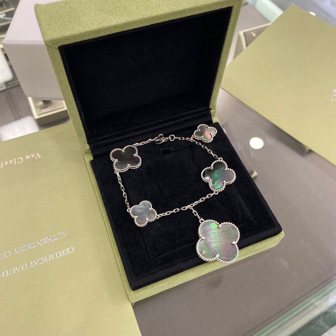 [AuraEcho Jewelry]CLOVER 5 MOTIFS SIVLER DARK MOP BRACELET