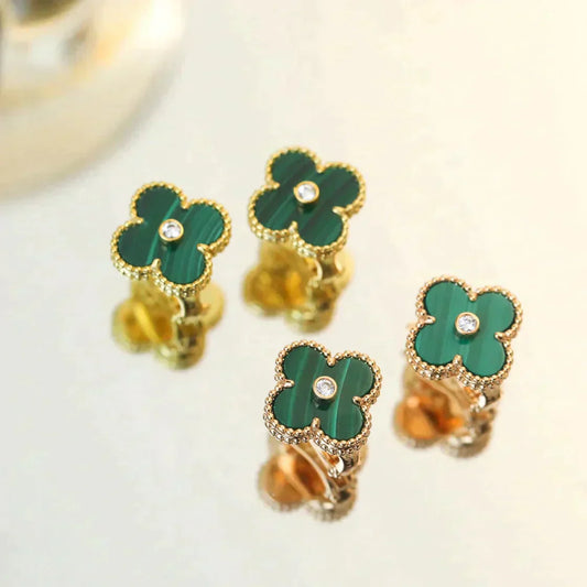 [AuraEcho Jewelry]CLOVER MEDIUM 1 MOTIFS MALACHITE DIAMOND EARRINGS