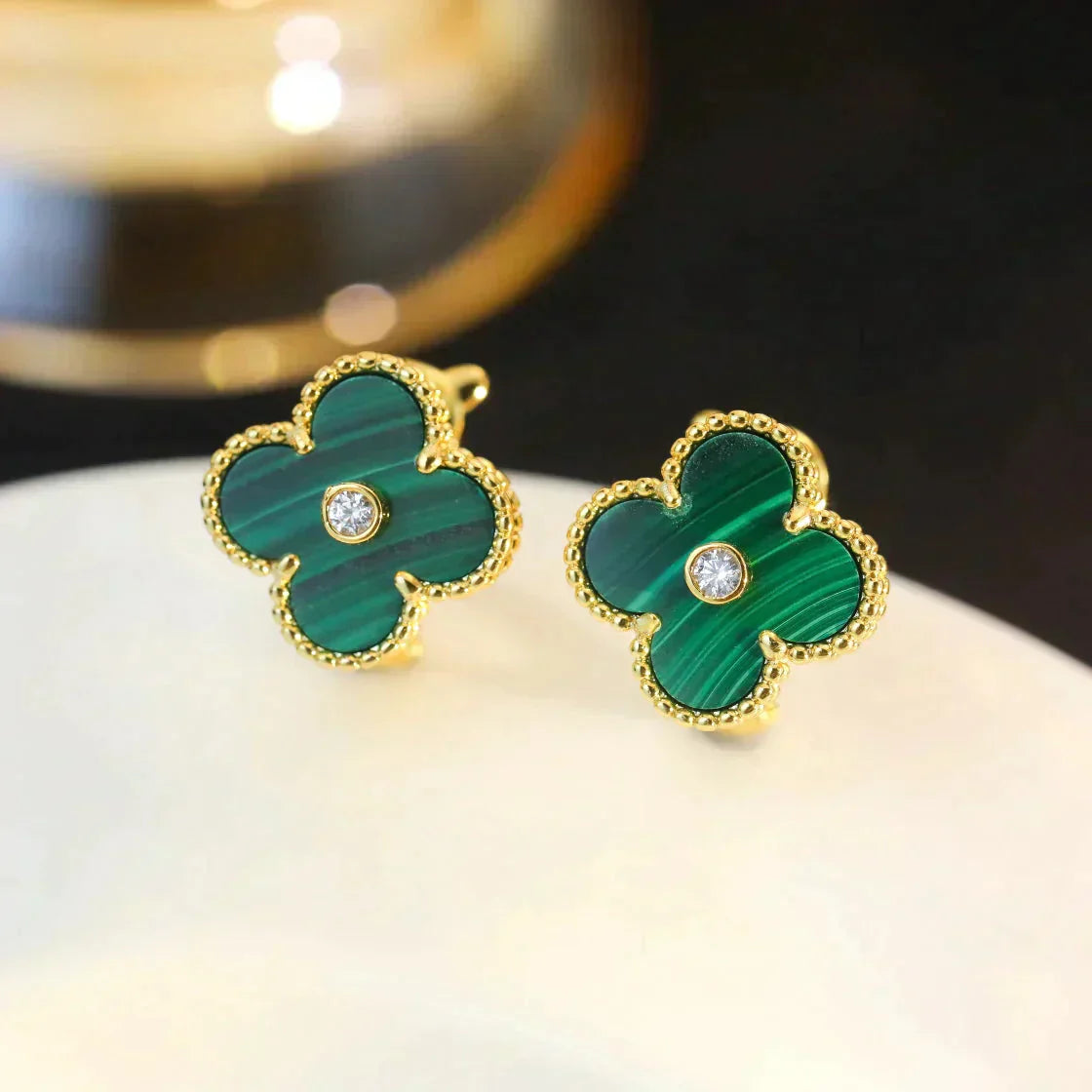 [AuraEcho Jewelry]CLOVER MEDIUM 1 MOTIFS MALACHITE DIAMOND EARRINGS