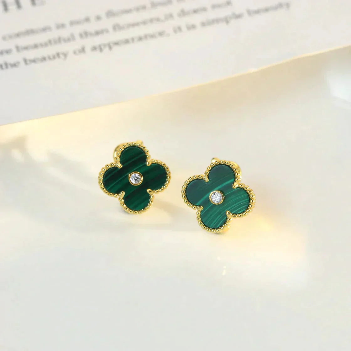 [AuraEcho Jewelry]CLOVER MEDIUM 1 MOTIFS MALACHITE DIAMOND EARRINGS