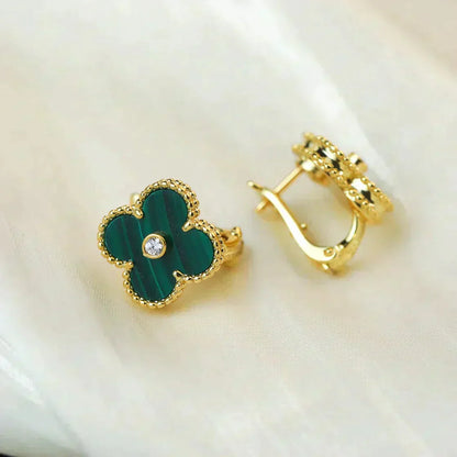 [AuraEcho Jewelry]CLOVER MEDIUM 1 MOTIFS MALACHITE DIAMOND EARRINGS