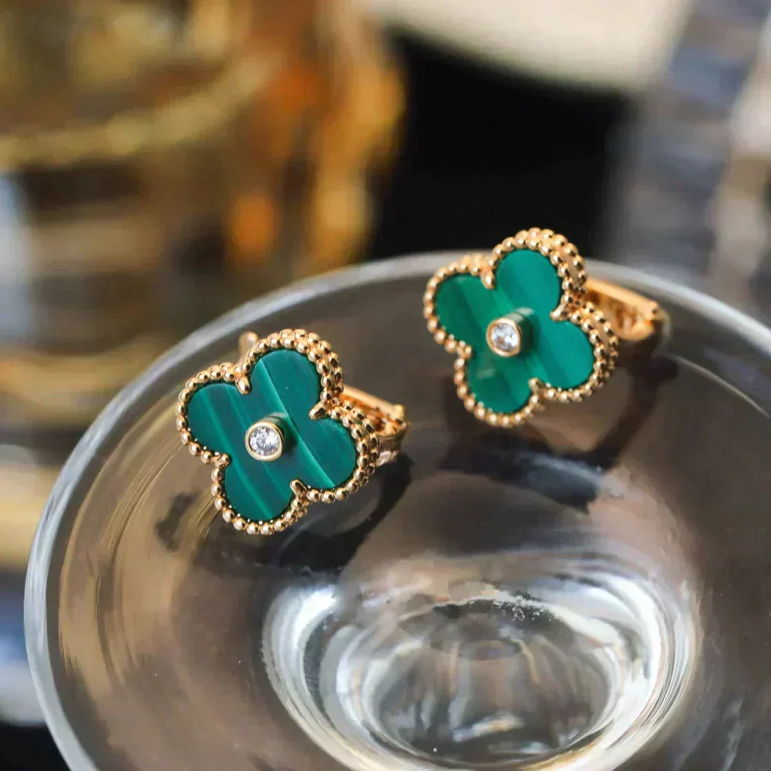 [AuraEcho Jewelry]CLOVER MEDIUM 1 MOTIFS MALACHITE DIAMOND EARRINGS