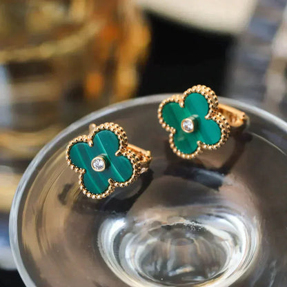 [AuraEcho Jewelry]CLOVER MEDIUM 1 MOTIFS MALACHITE DIAMOND EARRINGS