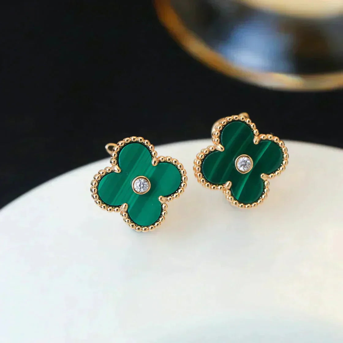 [AuraEcho Jewelry]CLOVER MEDIUM 1 MOTIFS MALACHITE DIAMOND EARRINGS