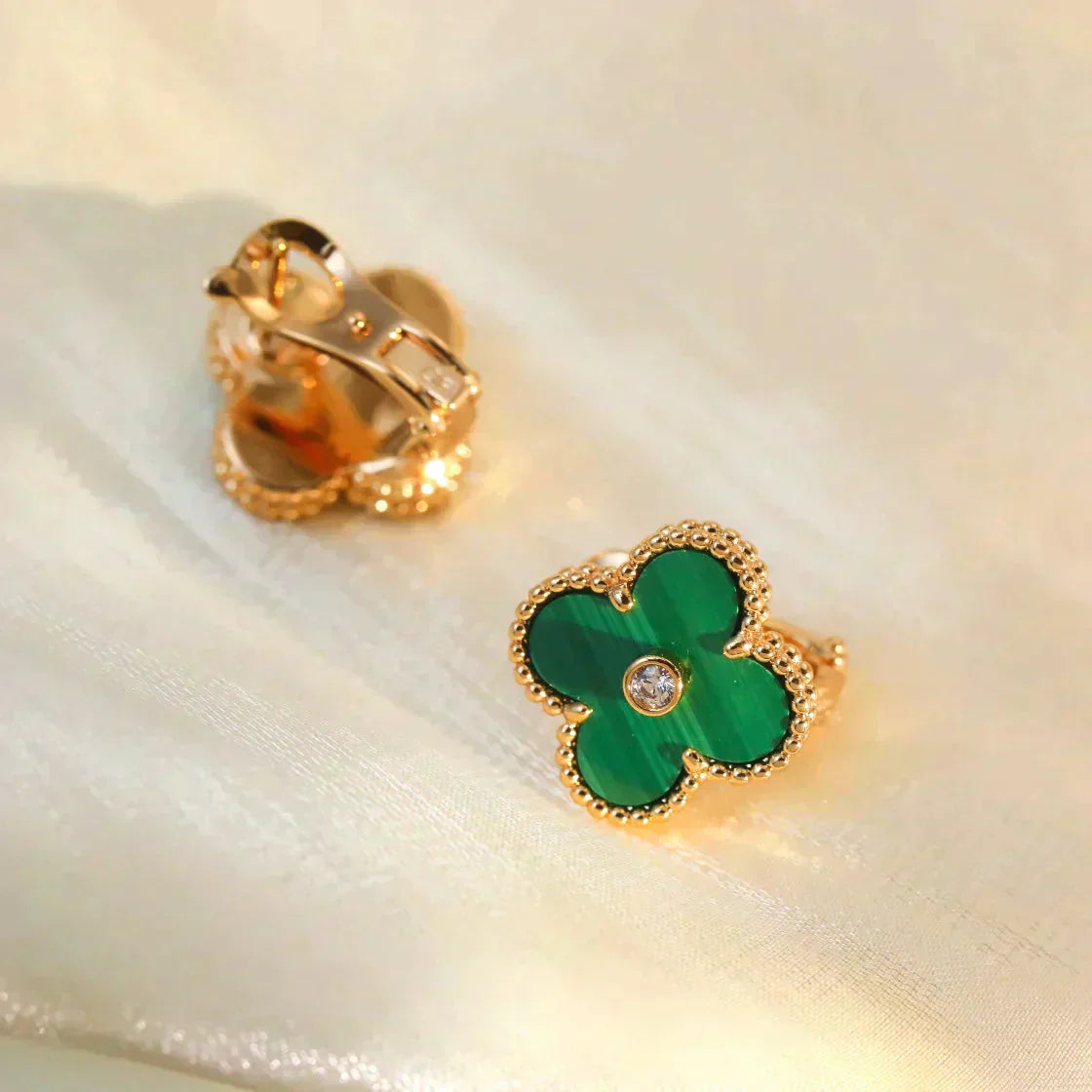[AuraEcho Jewelry]CLOVER MEDIUM 1 MOTIFS MALACHITE DIAMOND EARRINGS
