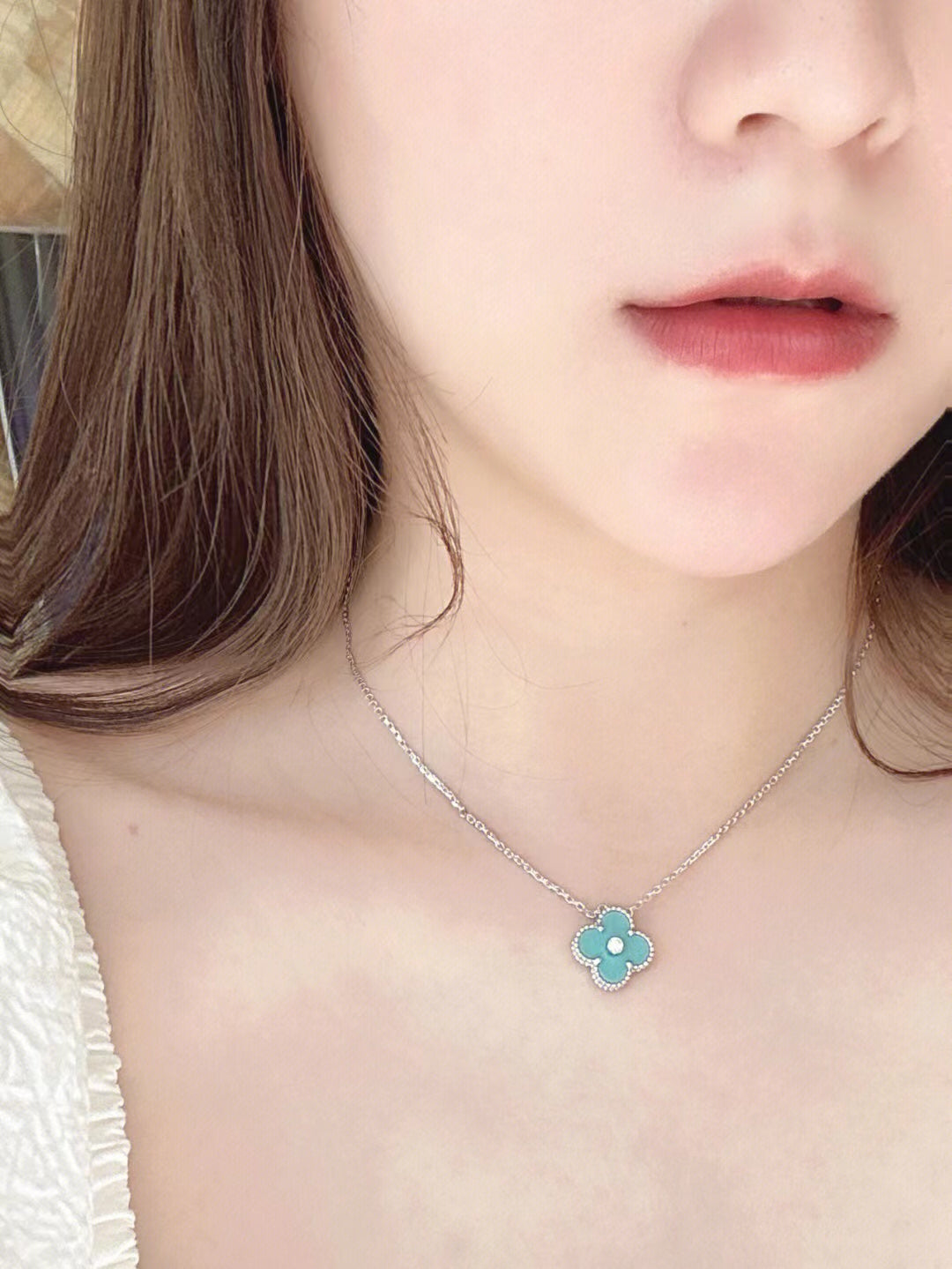 [AuraEcho Jewelry]CLOVER 1 DIAMOND LIGHT BLUE SILVER NECKLACE