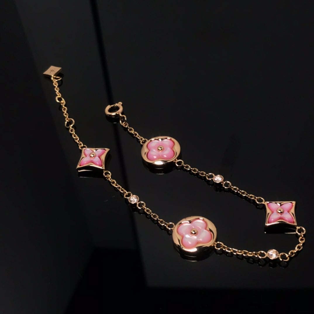 [AuraEcho Jewelry]STAR AND SUN 4 MOTIF PINK MOP PINK GOLD BRACELET