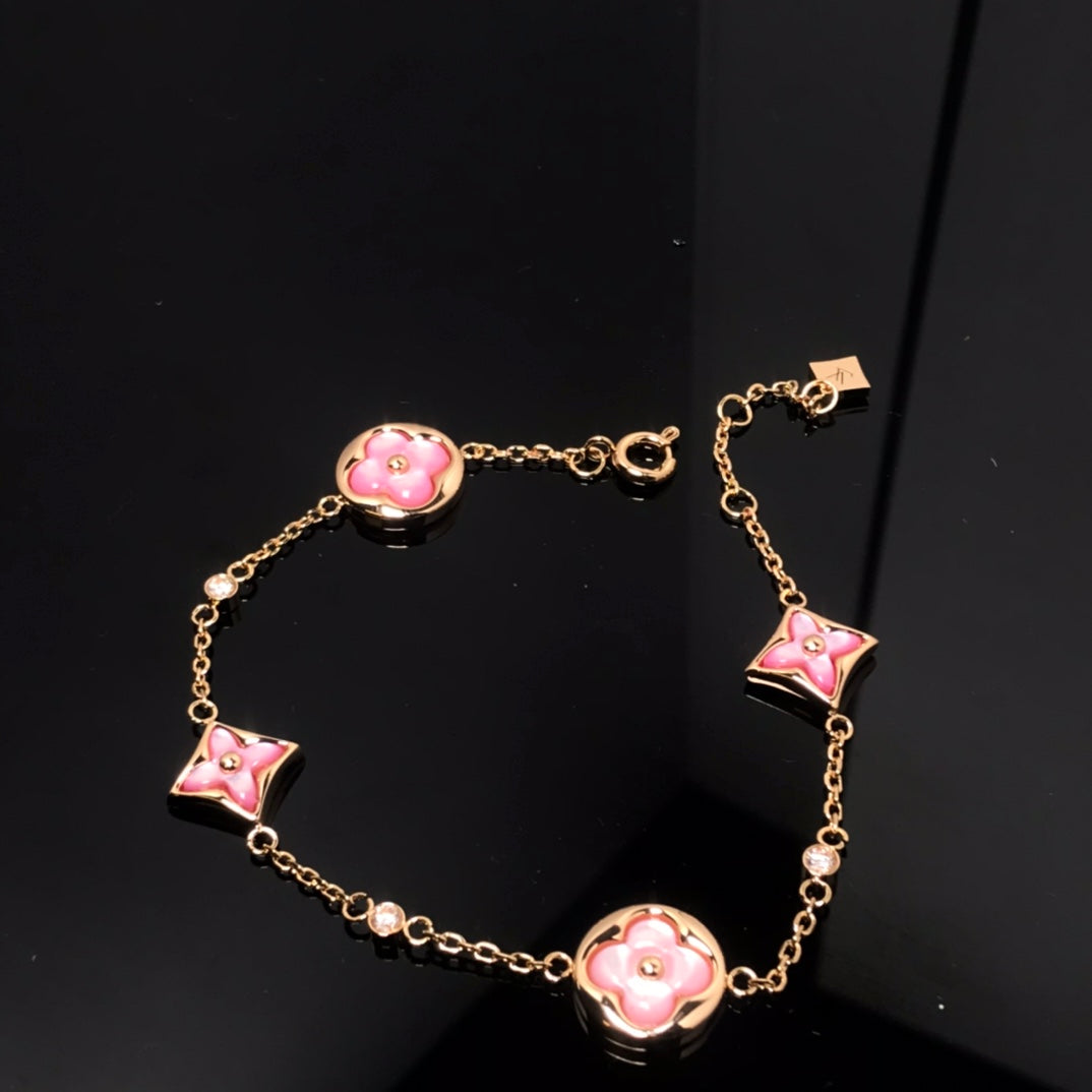 [AuraEcho Jewelry]STAR AND SUN 4 MOTIF PINK MOP PINK GOLD BRACELET