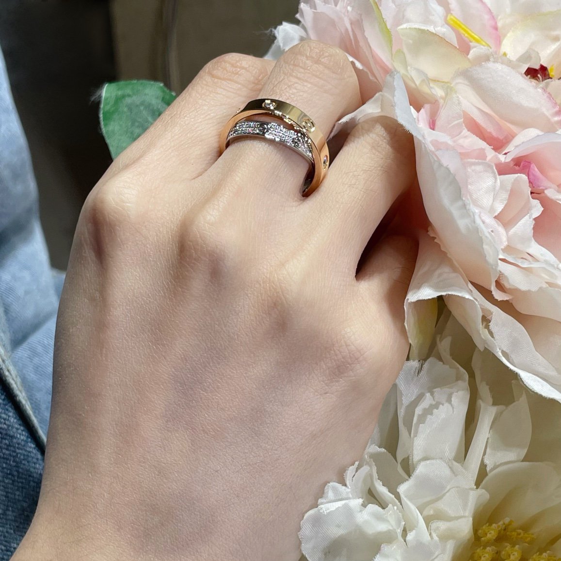 [AuraEcho Jewelry]LOVE PINK GOLD SILVER DIAMOND DOUBLE RING