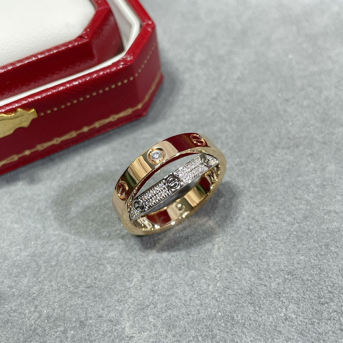 [AuraEcho Jewelry]LOVE PINK GOLD SILVER DIAMOND DOUBLE RING