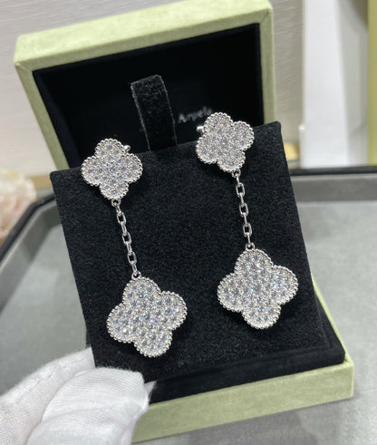 [AuraEcho Jewelry]CLOVER 2 MOTIFS DIAMOND PAVED SILVER EARRINGS