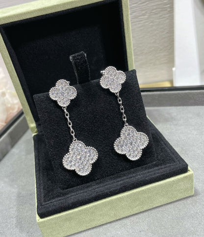 [AuraEcho Jewelry]CLOVER 2 MOTIFS DIAMOND PAVED SILVER EARRINGS