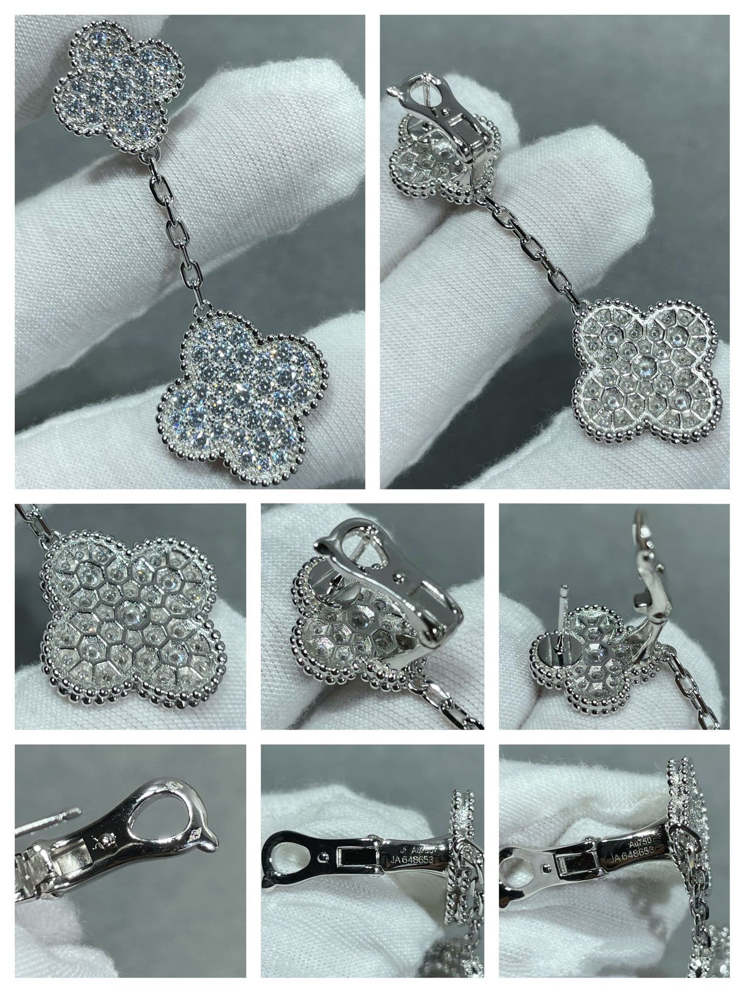 [AuraEcho Jewelry]CLOVER 2 MOTIFS DIAMOND PAVED SILVER EARRINGS