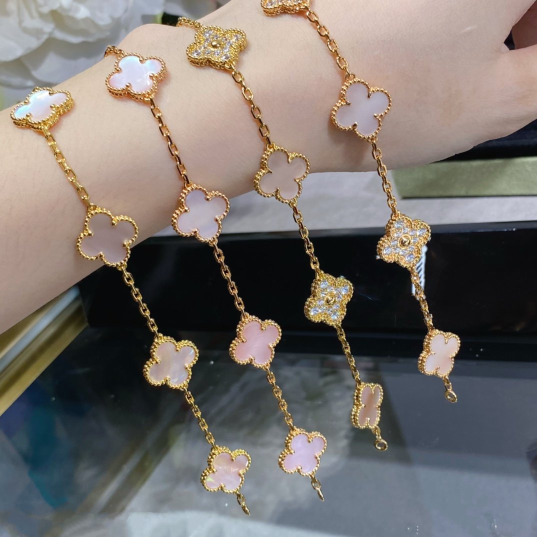 [AuraEcho Jewelry]CLOVER 5 MOTIF DIAMOND PINK MOP PINK GOLD BRACELET