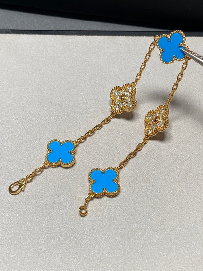 [AuraEcho Jewelry]CLOVER 5 MOTIF BLUE CHALCEDONY DIAMOND GOLD BRACELET