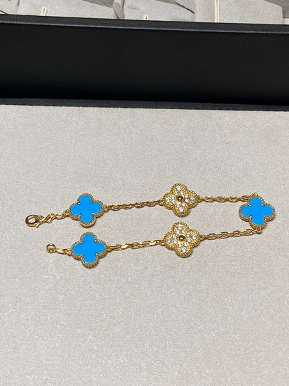 [AuraEcho Jewelry]CLOVER 5 MOTIF BLUE CHALCEDONY DIAMOND GOLD BRACELET