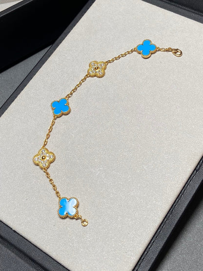 [AuraEcho Jewelry]CLOVER 5 MOTIF BLUE CHALCEDONY DIAMOND GOLD BRACELET