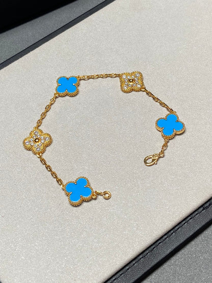 [AuraEcho Jewelry]CLOVER 5 MOTIF BLUE CHALCEDONY DIAMOND GOLD BRACELET