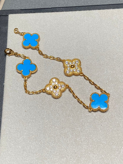 [AuraEcho Jewelry]CLOVER 5 MOTIF BLUE CHALCEDONY DIAMOND GOLD BRACELET