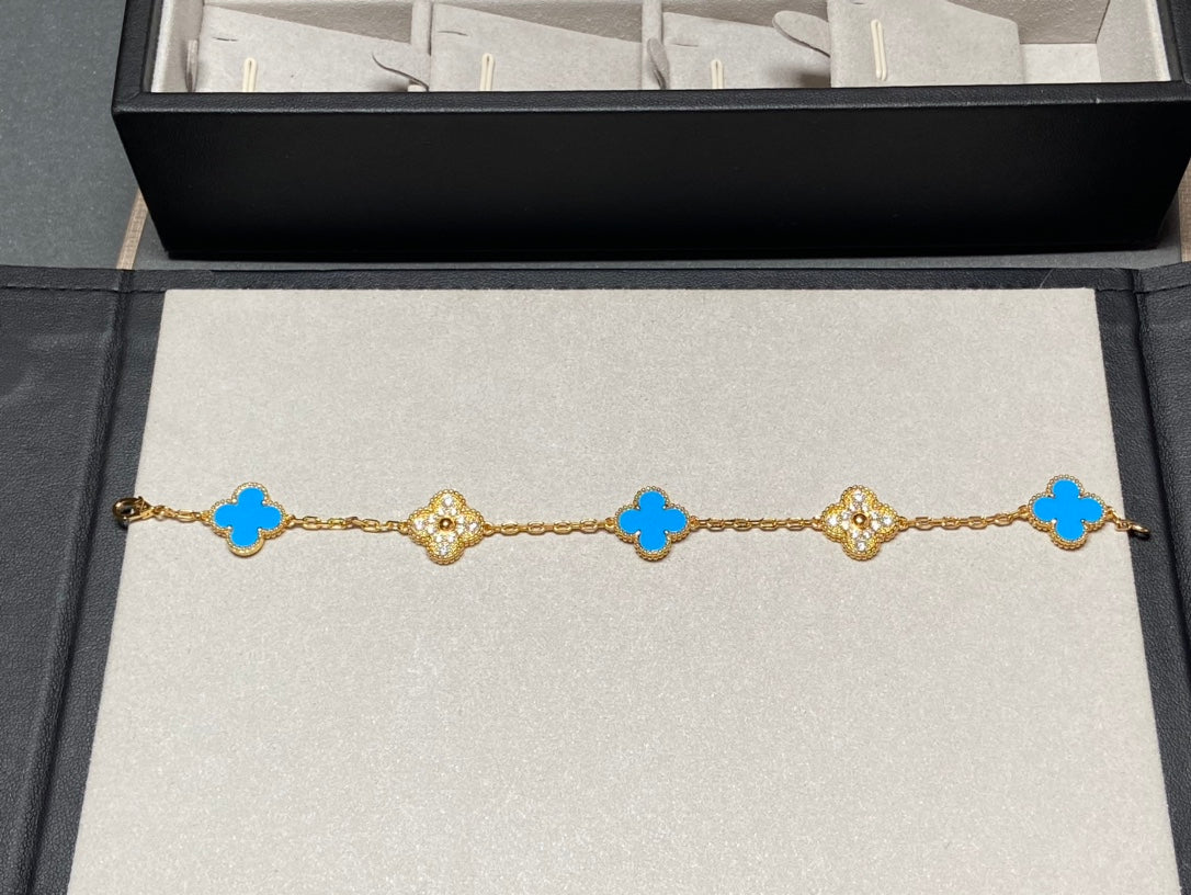 [AuraEcho Jewelry]CLOVER 5 MOTIF BLUE CHALCEDONY DIAMOND GOLD BRACELET