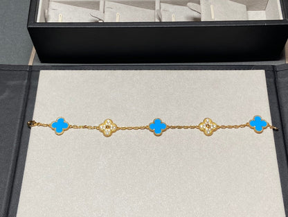 [AuraEcho Jewelry]CLOVER 5 MOTIF BLUE CHALCEDONY DIAMOND GOLD BRACELET