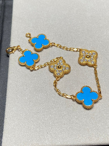 [AuraEcho Jewelry]CLOVER 5 MOTIF BLUE CHALCEDONY DIAMOND GOLD BRACELET