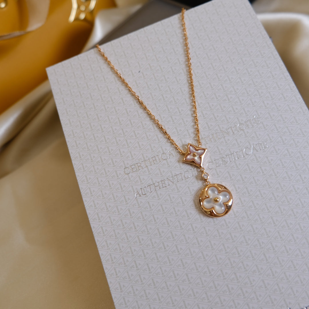 [AuraEcho Jewelry]STAR AND SUN WHITE MOP 2 MOTIF PINK GOLD NECKLACE