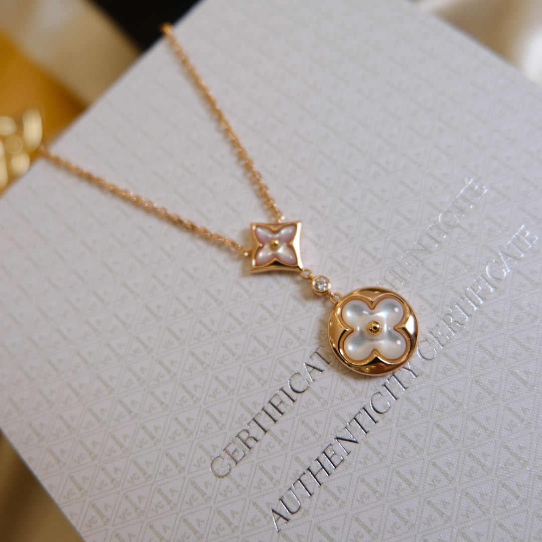 [AuraEcho Jewelry]STAR AND SUN WHITE MOP 2 MOTIF PINK GOLD NECKLACE