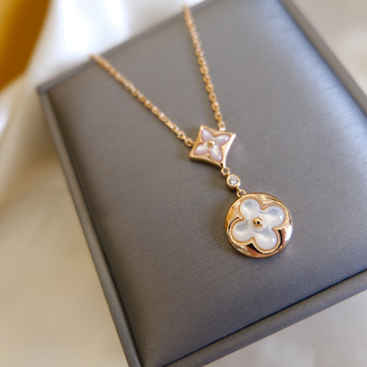 [AuraEcho Jewelry]STAR AND SUN WHITE MOP 2 MOTIF PINK GOLD NECKLACE