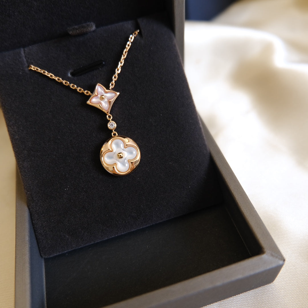 [AuraEcho Jewelry]STAR AND SUN WHITE MOP 2 MOTIF PINK GOLD NECKLACE